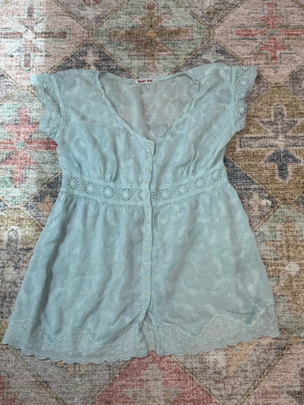 Johnny Was Light Green Embroidered Eyelet Top